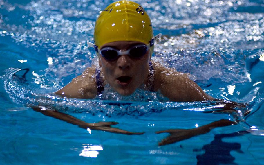 Hallie Kinsey, 10, with the Sigonella Swordfish takes a breath while competing in the 100-meter individual medley Saturday at the 2011 European Forces Swim League championships at Eindhoven, Netherlands.  Kinsey took first place in the event and set a new league record.