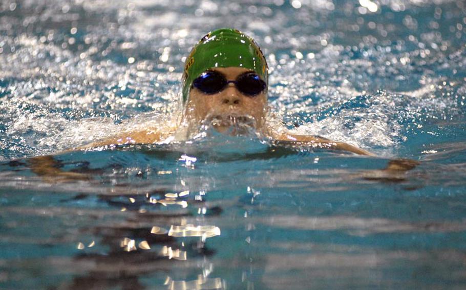 SHAPE Seal Benjamin Balla, 10, tries to make up ground during the breaststroke portion of the 100-meter Individual Medley.  Balla, finishing second with a time of 1:22.75, wasn't able to catch teammate Gregor Heim, who won the gold medal in the event for the 10-year-old boys.