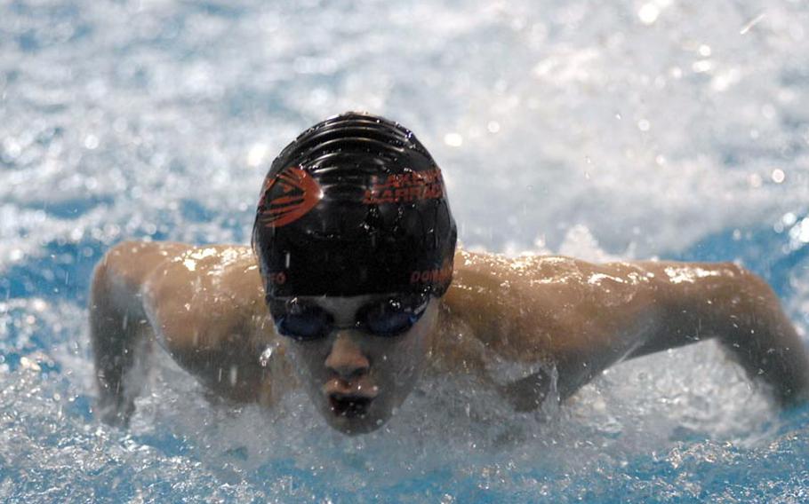 Dominic Scifo, 12, with the Lakenheath Barracudas, cruises ahead of the competition in the 12-year-old boys 100-meter Individual Medley on Saturday during the opening day of the European Forces Swim League championships at Eindhoven, Netherlands.  Scifo took first place in the event with a time of 1:12.25.