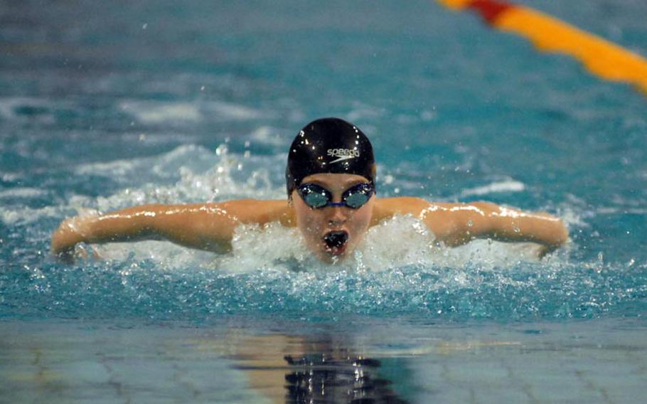 Vincent de Munter, 11, from the Geilenkirchen Orcas, cruises to a first-place finish and a new league record in the 11-year-old boys 50-meter butterfly during Saturday action at the 2012 European Forces Swim League championships at Eindhoven, Netherlands.