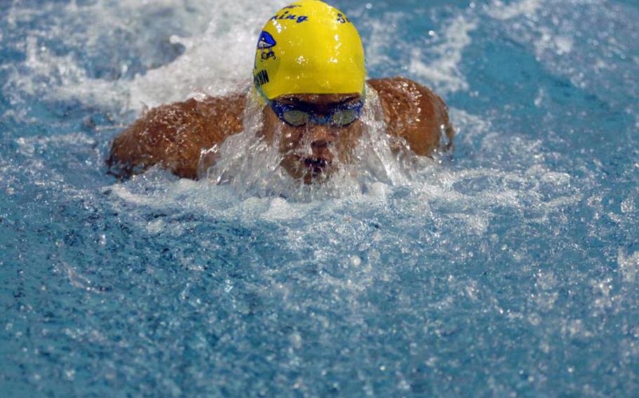 Chantel Wynn, 16, from the Wiesbaden Wahoos cruises to a first place finish in the girls 15-16 100-meter butterfly during opening day action Saturday of the 2012 European Forces Swim League championships.  Wynn's time of 1:09.67 was an improvement of her previous best time by almost two seconds.