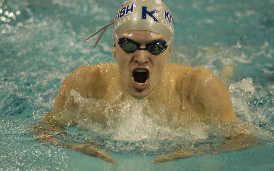 Connor Davis, 17, of the Kaiserslautern Kingfish cruises during the breaststroke portion of the boys 17-19 200-meter individual medley during the final day of competition at the 2012 European Forces Swim League championships at Eindhoven, Netherlands.  The Ramstein High School senior won the event with a time of 2:25.45.