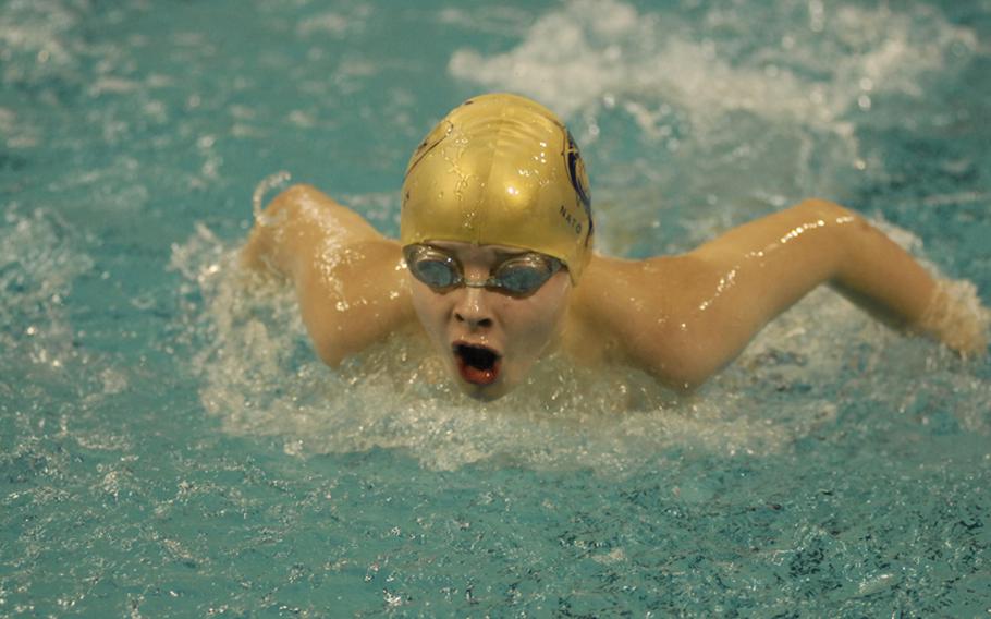 Sebastian Lunak, 9, of the NATO Marlins works on establishing a lead at the beginning of the 200-meter Individual Medley during Sunday's competition at the European Forces Swim League championships at Eindhoven, Netherlands.