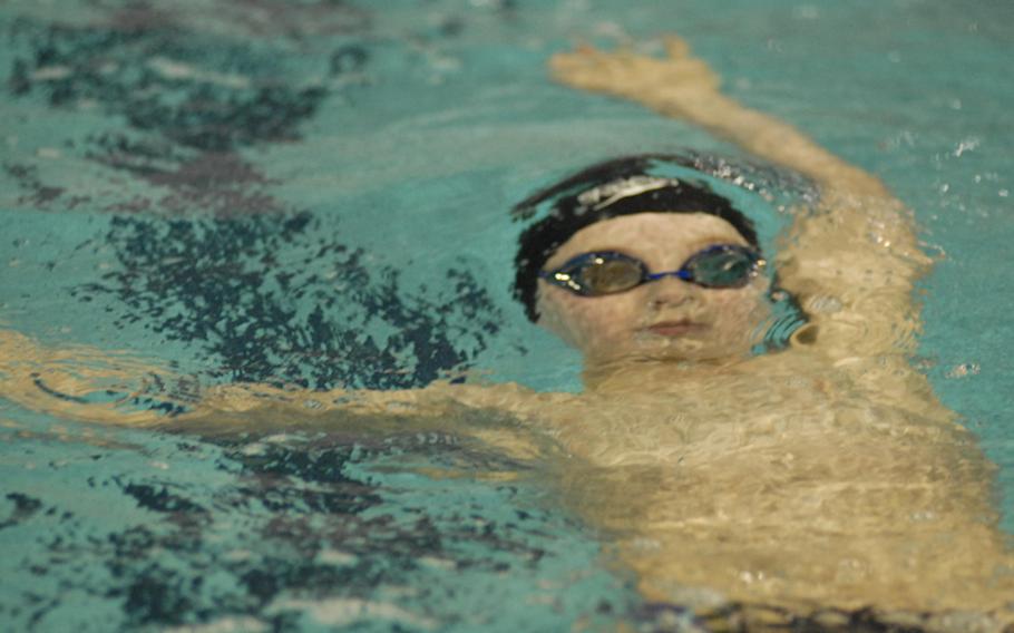 Vincent de Munter, 11, with the Geilenkirchen Orcas is close to surfacing after the butterfly to backstroke turn during the 200-meteriIndividual medley Sunday at the European Forces Swim League championships at Eindhoven, Netherlands.  De Munter set a new league record in the event, with a time of 2:46.49.