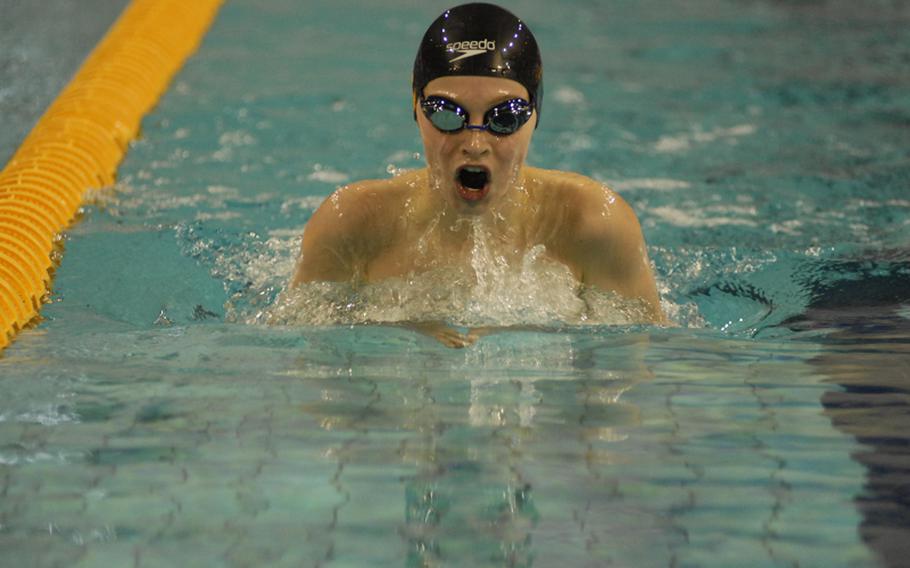 Vincent de Munter, 11, with the Geilenkirchen Orcas, shown here competing in the 200-meter individual medley, broke a league record in the event on Sunday during the European Forces Swim League championships at Eindhoven, Netherlands.