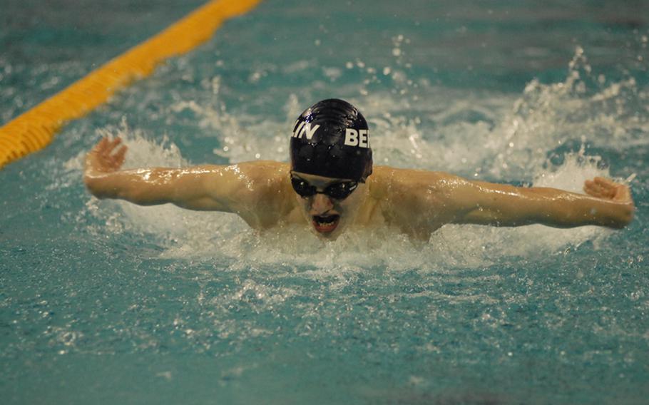 Philipp Hegner, 16, with the Berlin Bear-A-Cudas shows off his butterfly during Sunday action at the 2012 European Forces Swim League championships at Eindhoven, Netherlands.