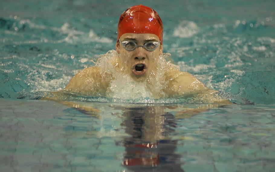 Kilian Korth, 16, with the Lakenheath Barracudas swims the breaststroke en route to a gold medal in the 200-meter individual medley Sunday at the 2012 European Forces Swim League championships.  Korth finished with a time of 2:23.16.