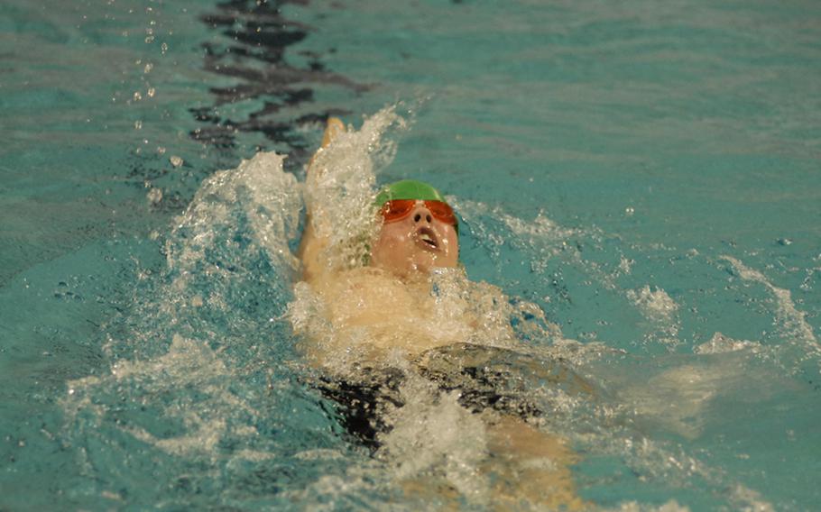 Gregor Heim, 10, of the SHAPE Seals works on his backstroke during the 200-meter individual medley on Sunday at the European Forces Swim League championships.  Heim outlasted the competition and won the race with a time of 3:00.92.