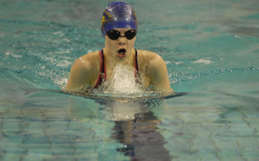 Niki Buggenhout, 11, with Brussels Octopus, competing on Sunday at the 2012 European Forces Swim League championships.  Buggenhout was victorious in her first race of the day, the 200-meter individual medley, with a time of 2:51.36.