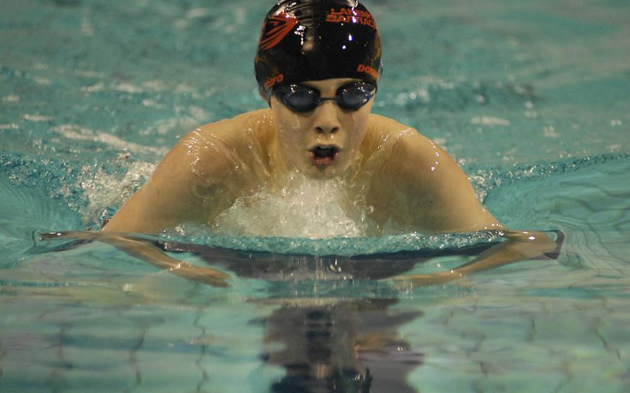 Dominic Scifo, 12, of the Lakenheath Barracudas, broke a league record on Sunday in the boys 12-year-old 200-meter Individual Medley.  Scifo's time of 2:37.54 shattered the previous European Forces Swim League record of 2:41.22, set in 2006.  Competition in the EFSL championships wrapped up Sunday at Eindhoven, Netherlands.