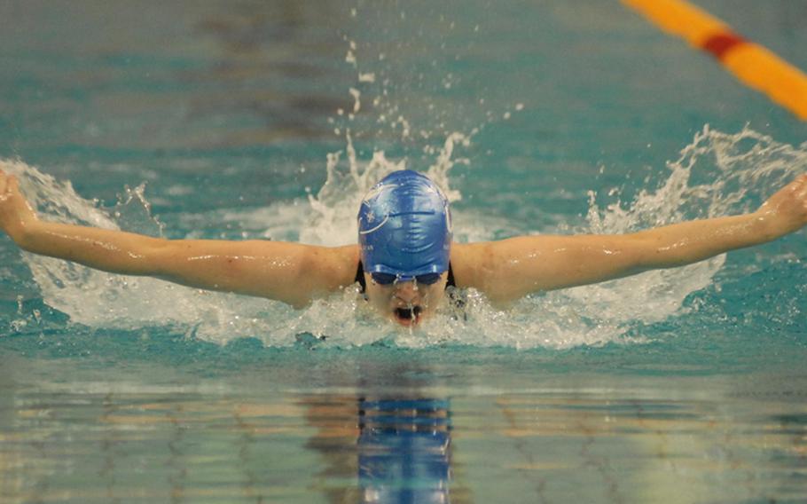 Helene Seegert, 17, with the NATO Marlins cruises to a victory in the 17-19 girls 200-meter individual medley on Sunday. Seegert's time of 2:42.68 earned her another gold medal during the European Forces Swim League championships at Eindhoven, Netherlands.