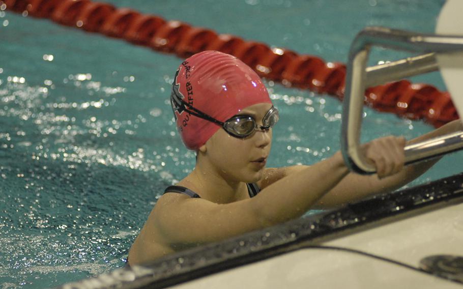 Matti Boveri, 10, with the Naples Tiger Sharks, gets ready for the 50-meter backstroke competition on Sunday during the European Forces Swim League championships. Boveri won the race with a time of 41.95.