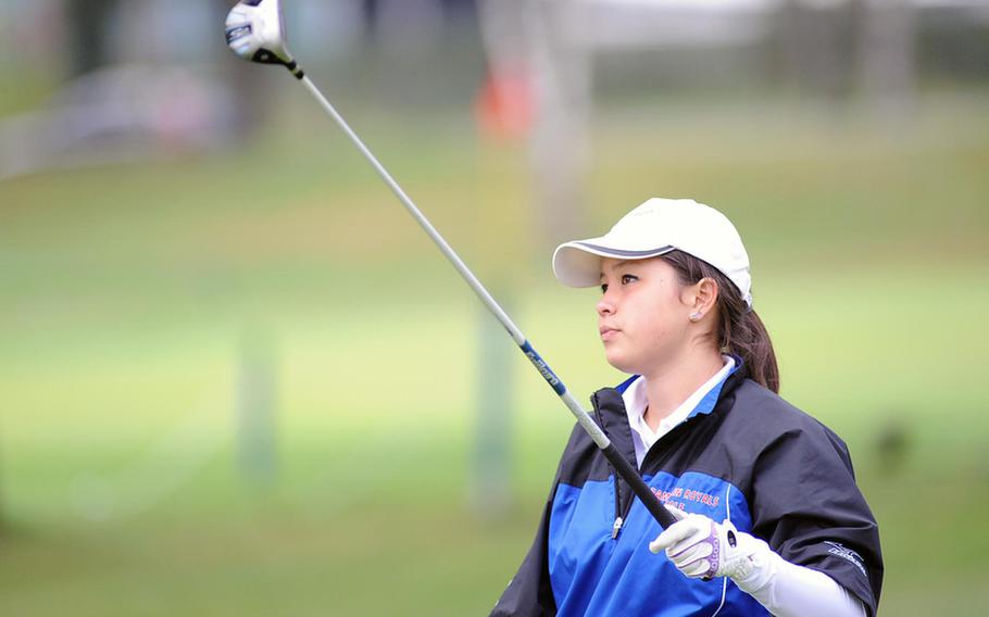 Ramstein's Michelle Turner is not happy with her tee shot on the first hole at the DODDS-Europe golf championships at the Heidelberg Golf Club, Thursday. She is tied with teammate Demetrah Lewis for third going into Friday's final round after they both scored 19 modified Stableford points.