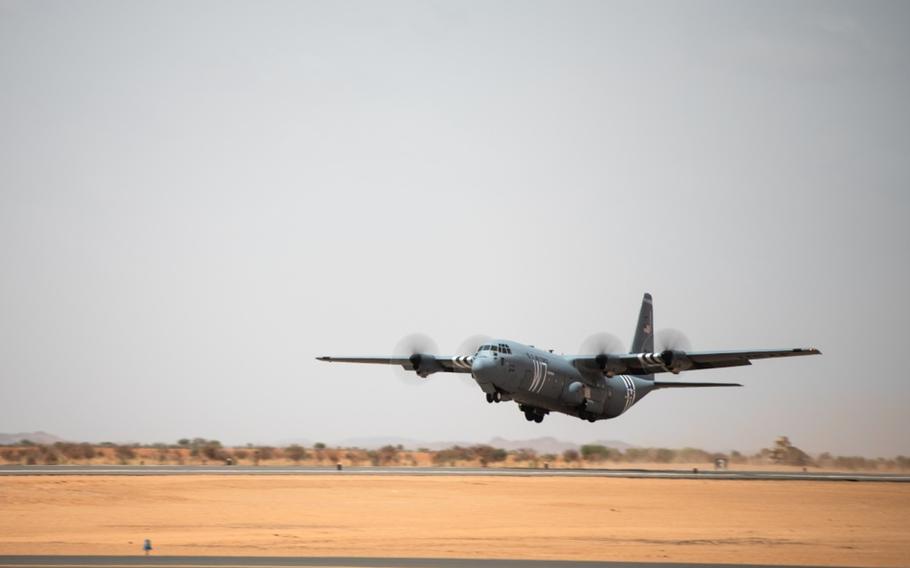 An Air Force C-130J Super Hercules assigned to the 37th Airlift Squadron at Ramstein Air Base, Germany, takes off from the new runway at Nigerien Air Base 201, Agadez, Niger, Aug. 3, 2019. The 6,200-foot runway allows the Air Force to move assets in and out of Air Base 201 and is capable of supporting any aircraft up to a C-17 Globemaster III.