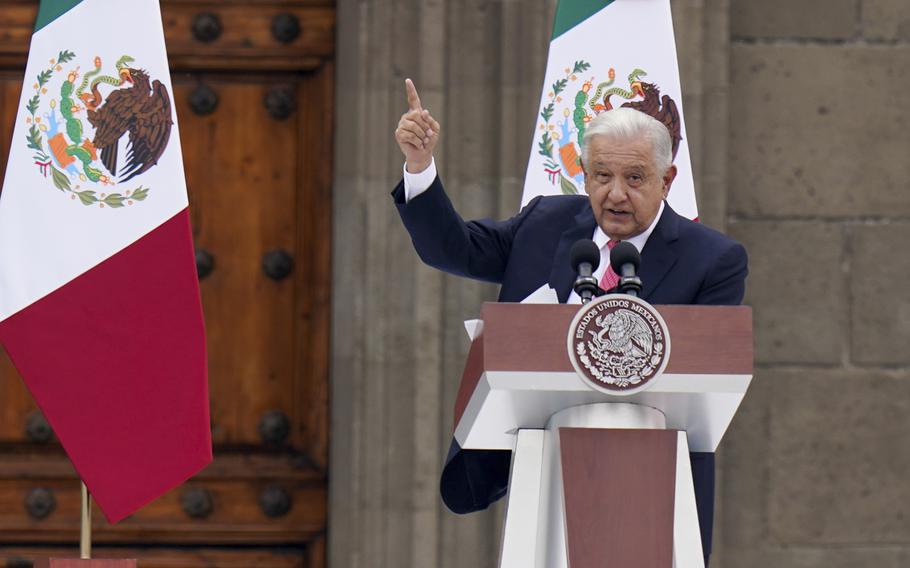 Outgoing President Andres Manuel Lopez Obrador delivers his last State of the Union at the Zocalo, Mexico City's main square, Sunday, Sept. 1, 2024. 