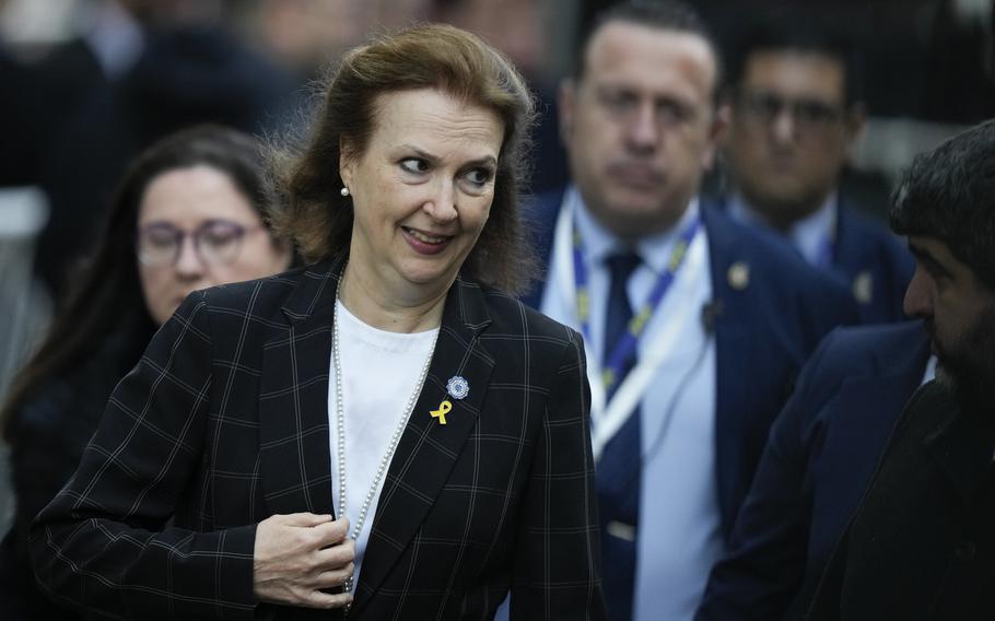 Argentine Foreign Minister Diana Mondino arrives at a ceremony marking the 30th anniversary of the bombing of the AMIA Jewish center that killed 85 people in Buenos Aires, Argentina, July 18, 2024. 