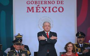 President of Mexico Andres Manuel Lopez Obrador gestures during the annual military parade as part of the independence day celebrations at Zocalo on Sept. 16, 2023, in Mexico City. 