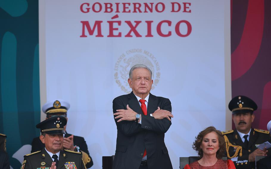 Mexico President Andrés Manuel Lopez Obrador gestures during the annual military parade marking Independence Day celebrations at Zocalo on September 16, 2023 in Mexico City. 