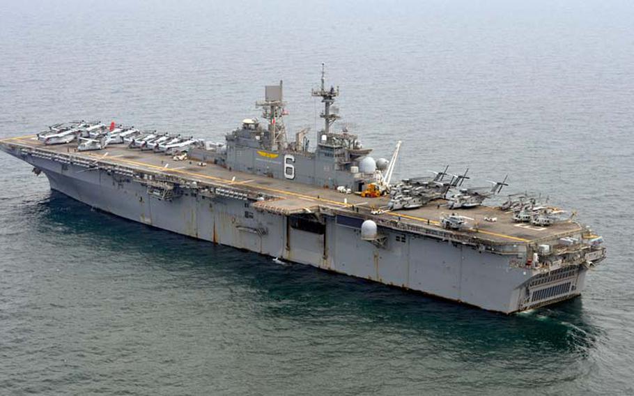 The amphibious assault ship USS Bonhomme Richard transits the East China Sea on April 22, 2014.