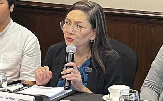 Filipino Sen. Risa Hontiveros, who has led an investigation into the massive online gambling and scam operations in the Philippines, speaks at a news briefing in Manila, Philippines, Friday Sept. 20, 2024. 