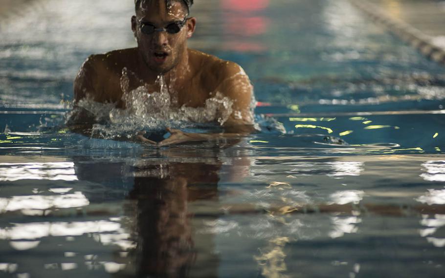 Shotaro Shimazaki, 27, a swimming instructor at Yokota Air Base, Japan, is a competitive breaststroker who plans to enter trials that will determine who competes for Japan at the summer games in Tokyo.
