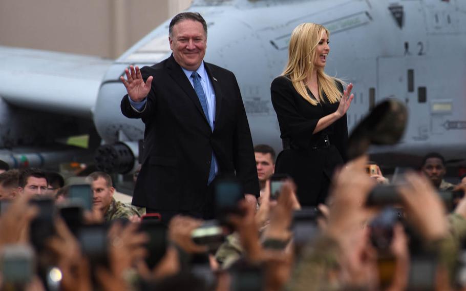 Secretary of State Mike Pompeo and Ivanka Trump, daughter and adviser to President Donald Trump, greet service members at Osan Air Base, South Korea, June 30, 2019.