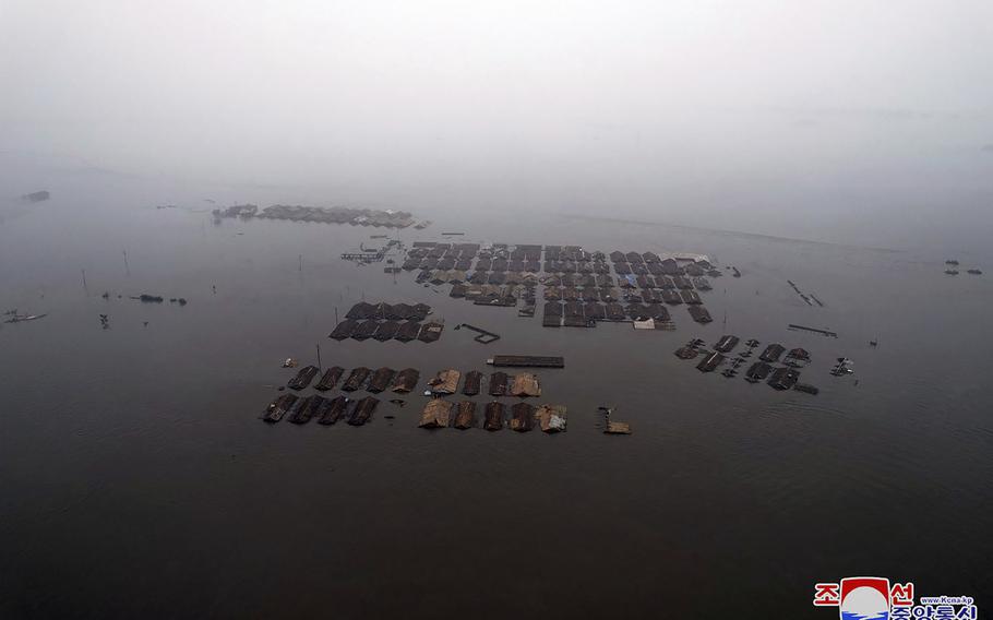 This undated photo provided on July 31, 2024 by the North Korean government, shows a flood-hit area in Sinuiju city, North Phyongan province, North Korea. Independent journalists were not given access to cover the event depicted in this image distributed by the North Korean government. The content of this image is as provided and cannot be independently verified. Korean language watermark on image as provided by source reads: "KCNA" which is the abbreviation for Korean Central News Agency. 