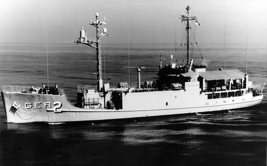 A black and white picture of the USS Pueblo.