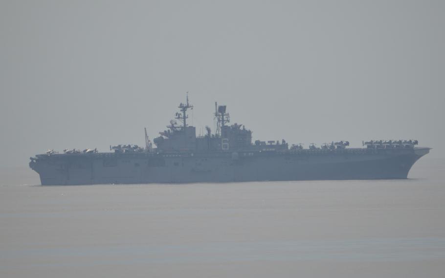 The USS Bonhomme Richard is seen from the deck of the ROKS Dokdo on March 26, 2015. Both the U.S. and South Korean amphibious vessels participated in an exercise in landing MV-22s on the Dokdo's deck off the southern coast of the Korean peninsula.
