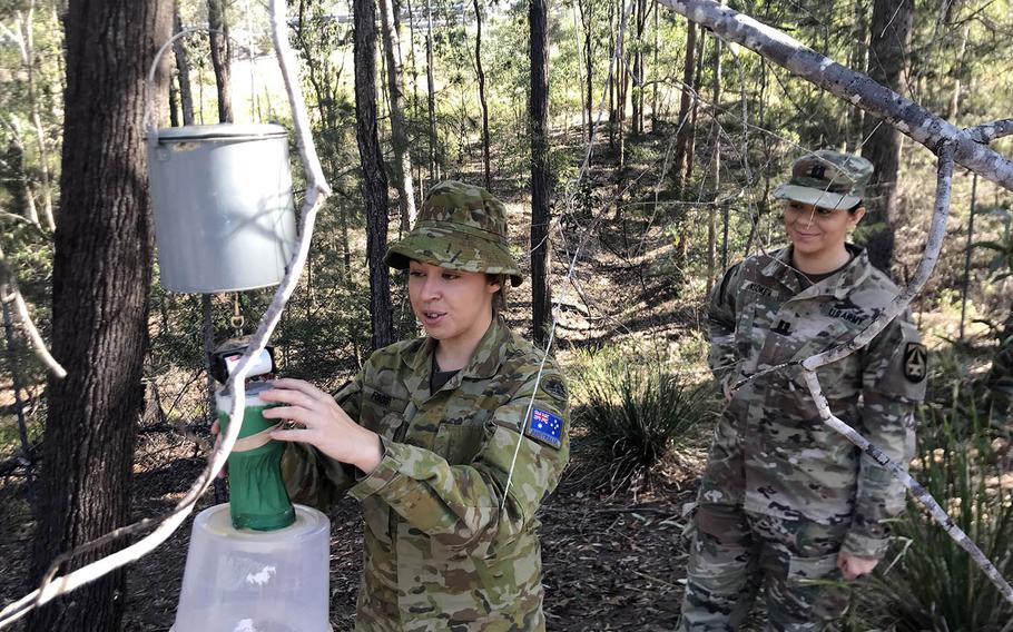 Australian army Capt. Lisa Rigby, left, and U.S. Army Capt. Jennifer Kooken check out a mosquito trap at Gallipoli Barracks in Brisbane, Australia, Saturday, July 20, 2019.