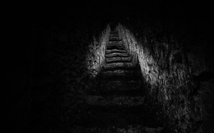 Stairway from an underground city to the trenches. Photographed 26 January 2014.  Nord-Pas-de-Calais, France.