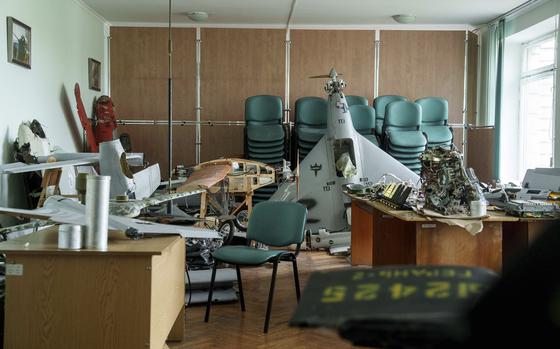 Parts of downed Shahed drones launched by Russia are piled in a storage room of a research laboratory in Kyiv, Ukraine, on Aug. 28, 2024. 