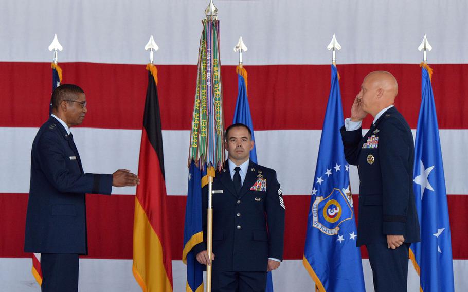 Third Air Force commander Maj. Gen. Randall Reed prepares to return the salute from the new commander of the 86th Airlift Wing, Brig. Gen. Joshua M. Olsen, at the unit's change of command ceremony at Ramstein Air Base, Germany, Aug. 7, 2020. At center is Chief Master Sgt. Tommy Childers with the unit guidon.










