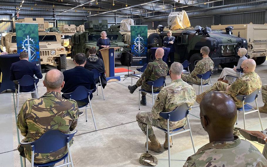 Dutch Defense Minister Ank Bijleveld delivers remarks at the 405th Army Field Support Brigade's Army Prepositioned Stock-2 site at Eygelshoven in the Netherlands on March 24, 2021. The Dutch government has agreed to spend more than $40 million on upgrades and new construction at the site, Bijleveld said. 

