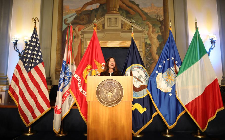 Second lady Karen Pence addresses military spouses stationed in Italy about the importance of their role in America’s strength on Friday, Jan 24, 2020, at the U.S. Embassy in Rome. 