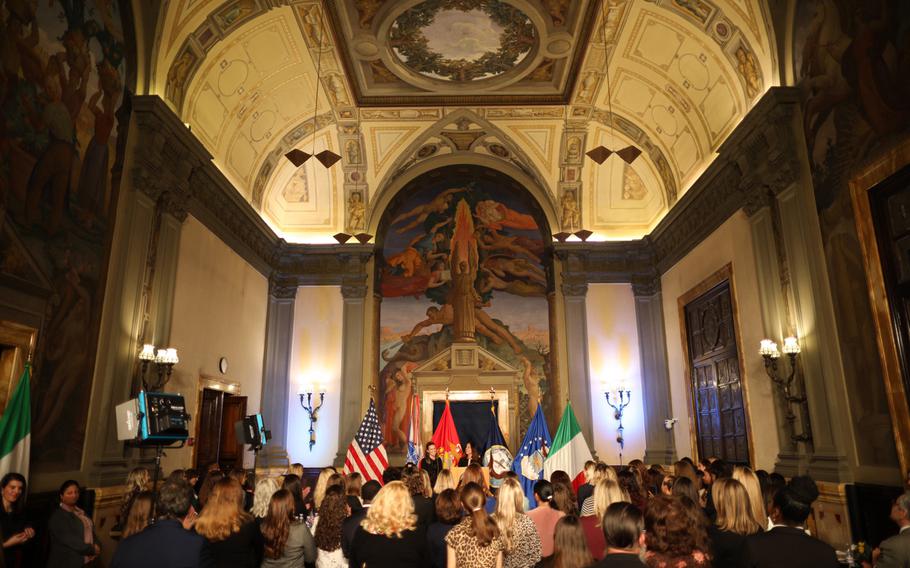 Karen Pence addresses  military spouses stationed in Italy about the importance of their role in America’s strength Friday, Jan 24 2020, at the U.S. Embassy in Rome.