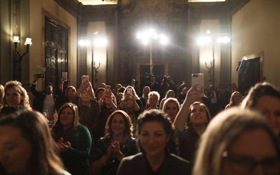 Military spouses representing the Army, Navy and Air Force traveled from northern and southern Italy to see Karen Pence at the U.S. Embassy in Rome on Friday, Jan. 24, 2020.
