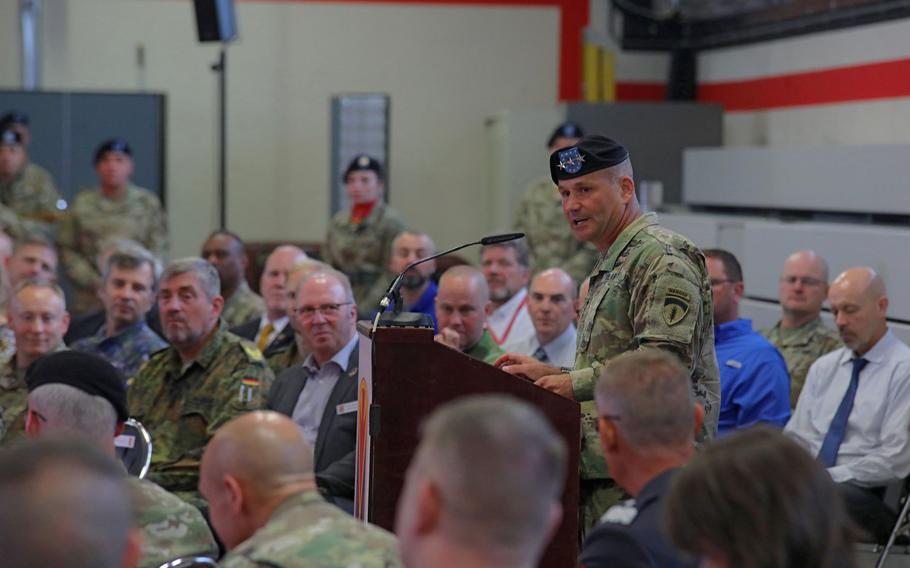 Lt. Gen. Christopher Cavoli, U.S. Army Europe commander, talks about the accomplishments of the 10th Army Air and Missile Defense Command at the unit's change of command ceremony at the Kleber Kaserne in Kaiserslautern, Germany, Aug. 7, 2019.