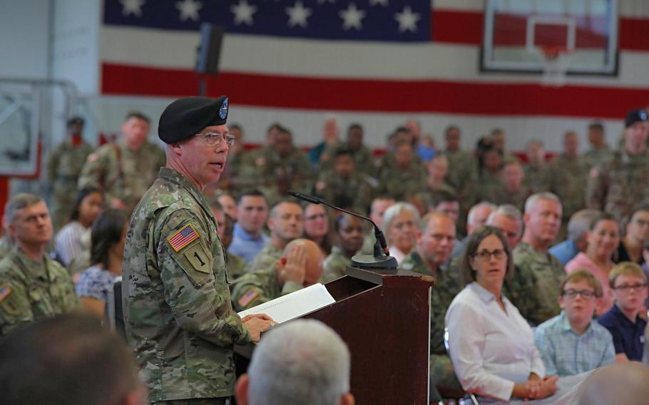 Brig. Gen. Gregory Brady talks about his history with the unit and the outgoing commander to soldiers, family and guests at the 10th Army Air and Missile Defense Command change of command ceremony at the Kleber Kaserne in Kaiserslautern, Germany, Aug. 7, 2019.
