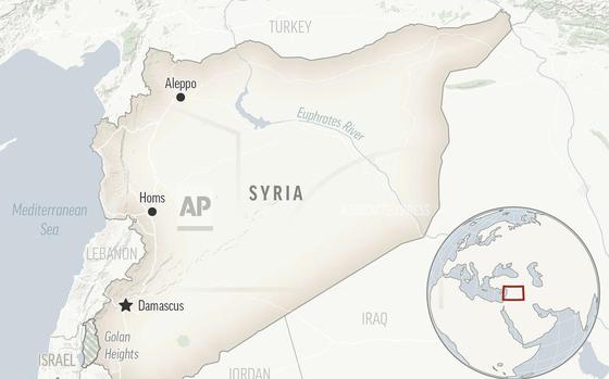 A locator map shows Syria and its capital Damascus which is located in southwestern Syria not far from the Lebanon border. 