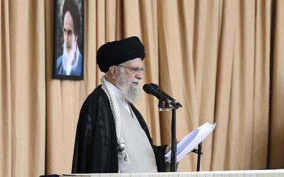 In this photo released by the official website of the office of the Iranian supreme leader, Supreme Leader Ayatollah Ali Khamenei delivers his sermon during Friday prayers at Imam Khomeini grand mosque, in Tehran, Iran, Friday, Oct. 4, 2024. 