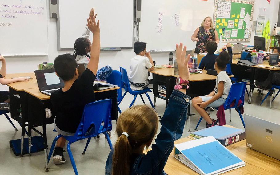 A fifth grade class at Bahrain School in September 2019. Elementary and middle school classes at the Navy base in Bahrain will resume on Sept. 27, 2020, a decision made by school officials after Navy leaders eased the health protection condition earlier this month.
