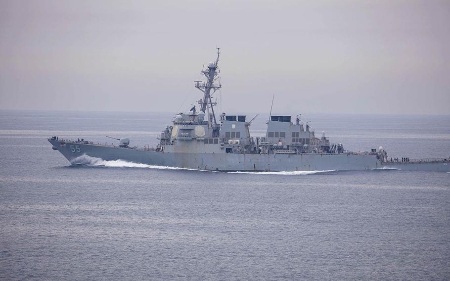 The guided-missile destroyer USS Stout sails in the Arabian Gulf, May 6, 2020.