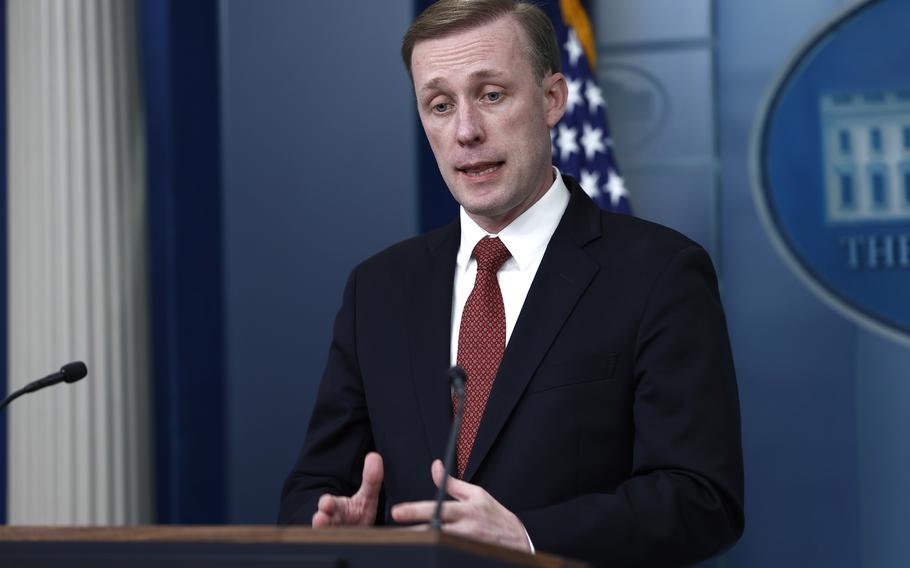 National security adviser Jake Sullivan speaks during a news briefing at the White House on March 18, 2024, in Washington, D.C. 