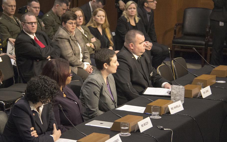 Military sexual assault victims and their advocates testify before the Senate Armed Services Committee's Subcommittee on Personnel in Washington, March 13, 2013.