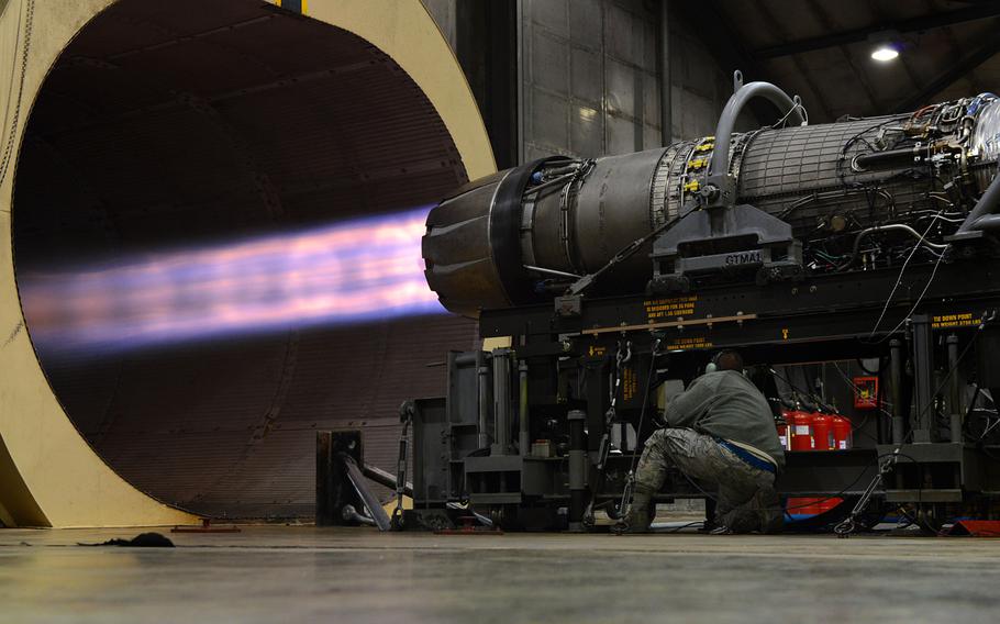 U.S. Air Force Staff Sgt. Daniel Gallentine, 20th Component Maintenance Squadron jet engine craftsman, inspects a jet engine at the engine test facility, Shaw Air Force Base, S.C., on March 13, 2014. 

