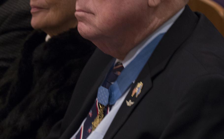 Medal of Honor recipient Bruce Crandall watches the Citizen Honors award ceremony at Arlington National Cemetery on Medal of Honor Day, March 25, 2014.