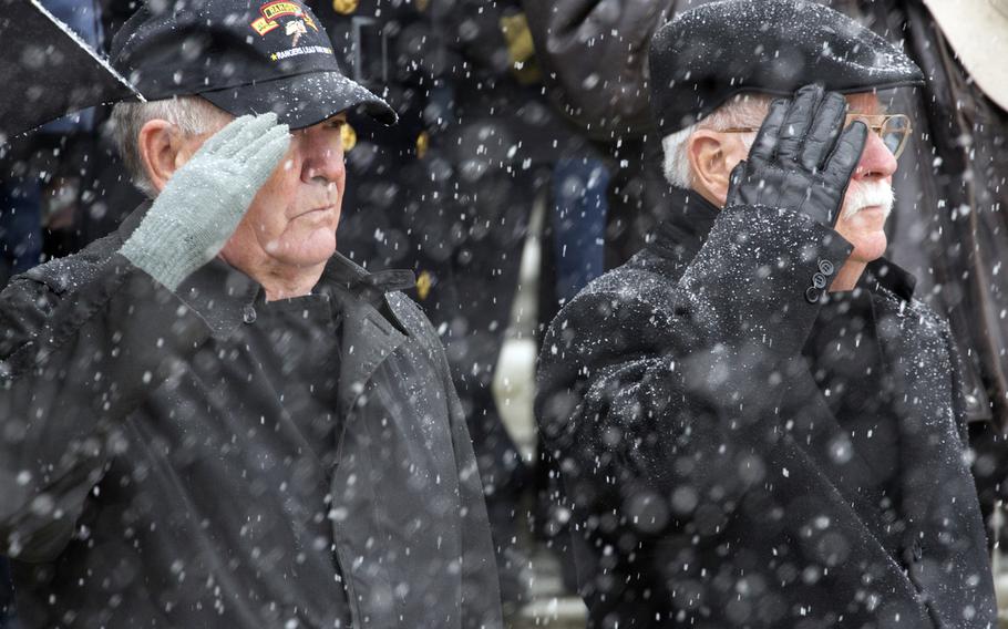 Medal of Honor recipients Walter Marm and Harvey Barnum, during a wreath-laying ceremony at Arlington National Cemetery on Medal of Honor Day, March 25, 2014.