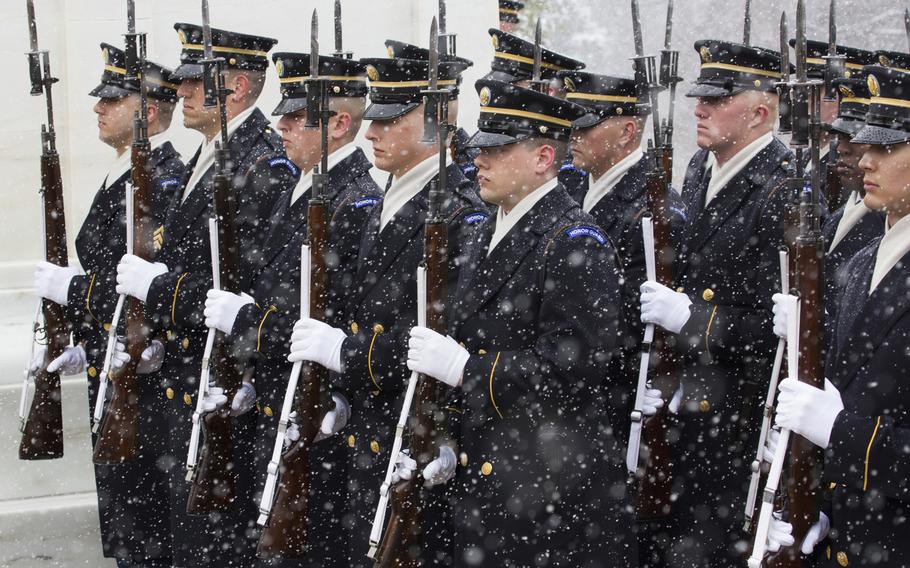 The honor guard stands in the falling snow during a wreath-laying ceremony at Arlington National Cemetery on Medal of Honor Day, March 25, 2014.