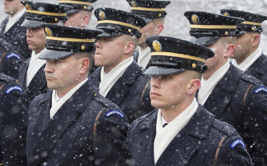 The honor guard, during a wreath-laying ceremony at Arlington National Cemetery on Medal of Honor Day, March 25, 2014.